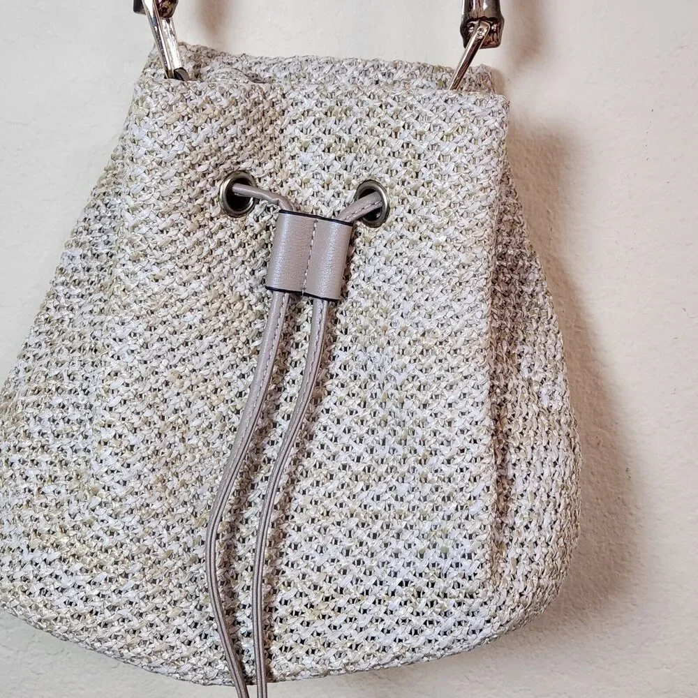 Cream Shoulder Bucket Bag Straw Rafia Leather Drawstring Hobo Beach Bamboo Boho‎